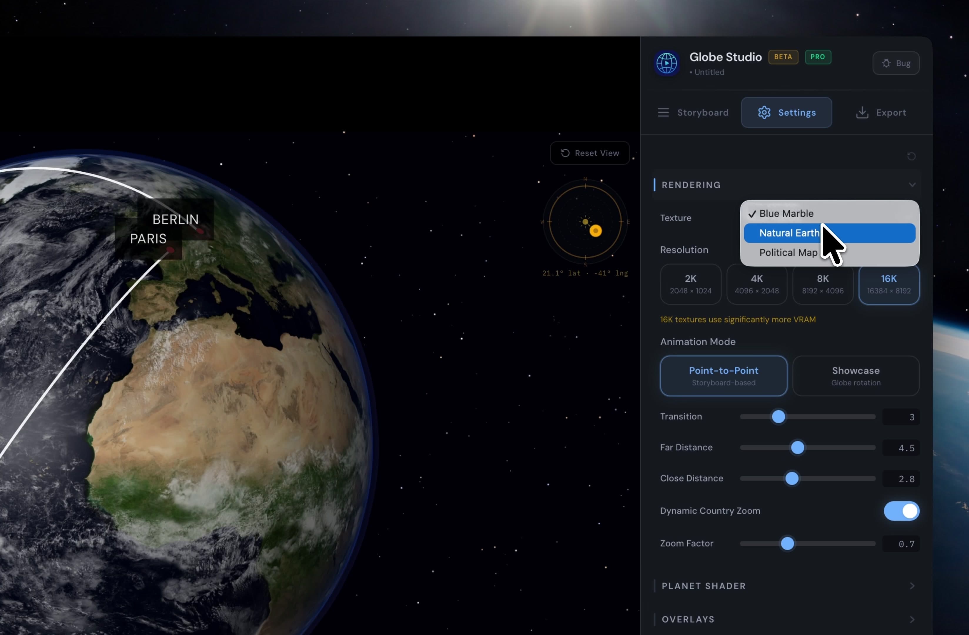 Globe Studio Settings panel showing texture selection dropdown with Blue Marble, Natural Earth, and Political Map options, plus resolution choices from 2K to 16K